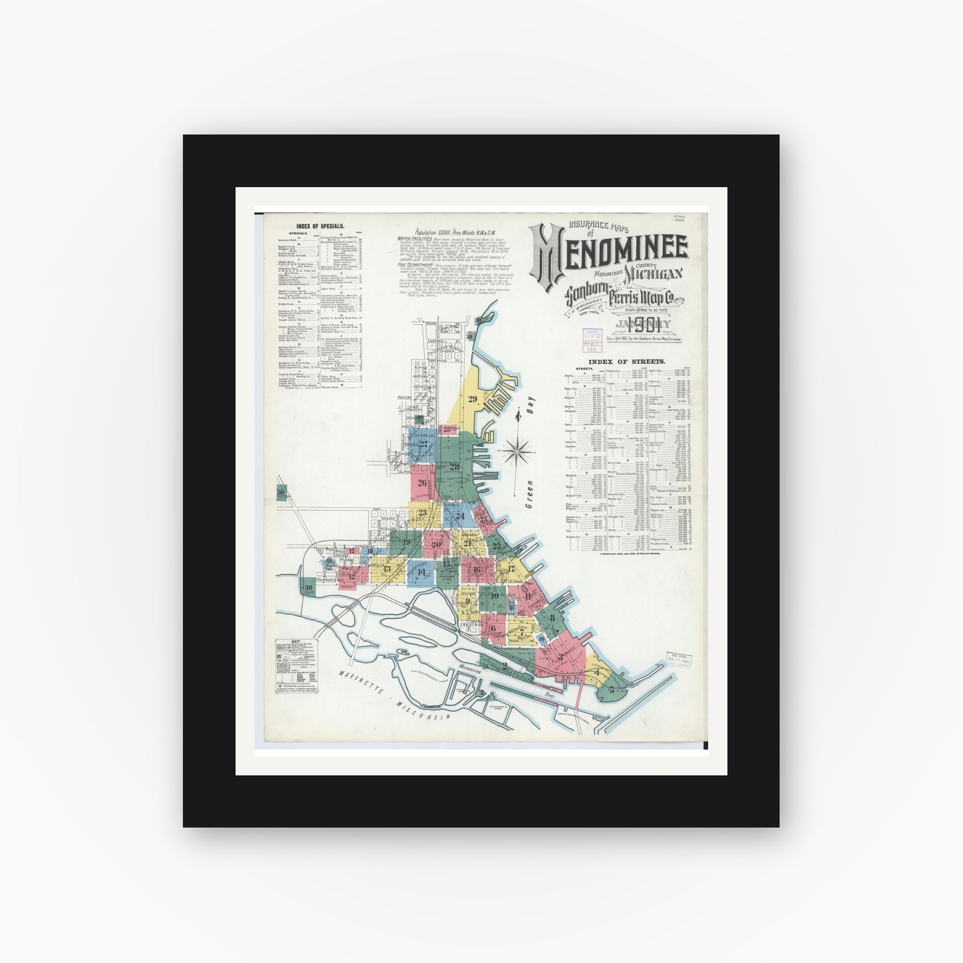 Old map wall art mockup — black gallery frame with white mat — Sanborn Fire Insurance Map from Menominee, Menominee County, Michigan (1901), Sheet #0001