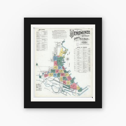 Old map wall art mockup — black gallery frame with white mat — Sanborn Fire Insurance Map from Menominee, Menominee County, Michigan (1901), Sheet #0001