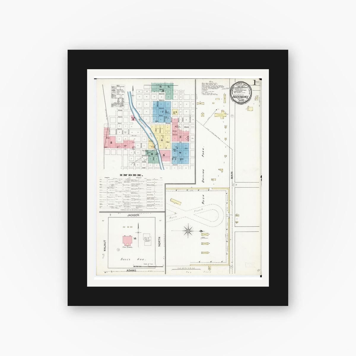 Old map wall art mockup — black gallery frame with white mat — Sanborn Fire Insurance Map from Independence, Buchanan County, Iowa (1892) â€” Complete Set