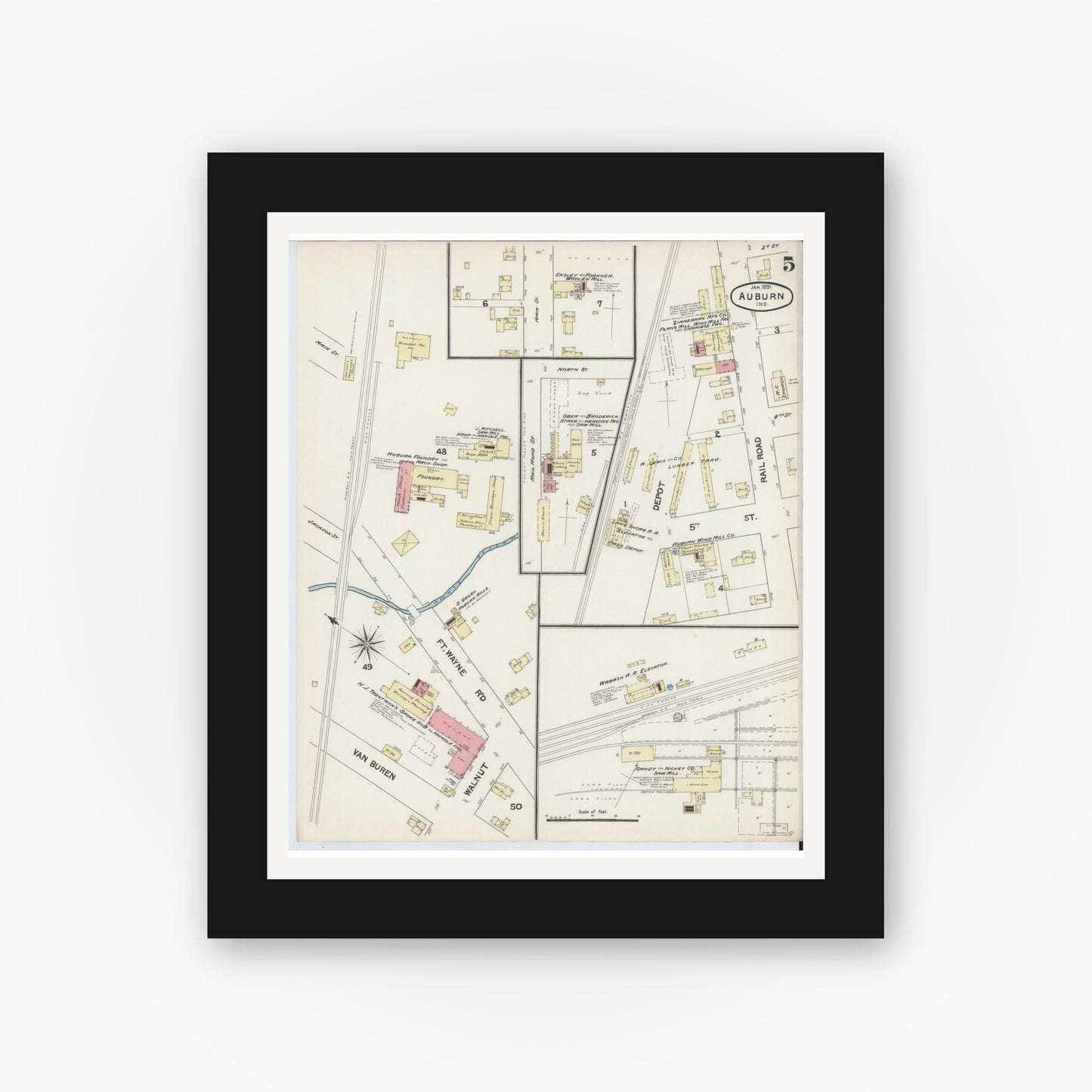 Old map wall art mockup — black gallery frame with white mat — Sanborn Fire Insurance Map from Auburn, De Kalb County, Indiana (1891), Sheet #0005