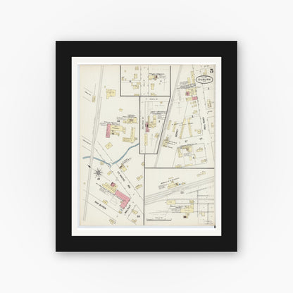Old map wall art mockup — black gallery frame with white mat — Sanborn Fire Insurance Map from Auburn, De Kalb County, Indiana (1891), Sheet #0005