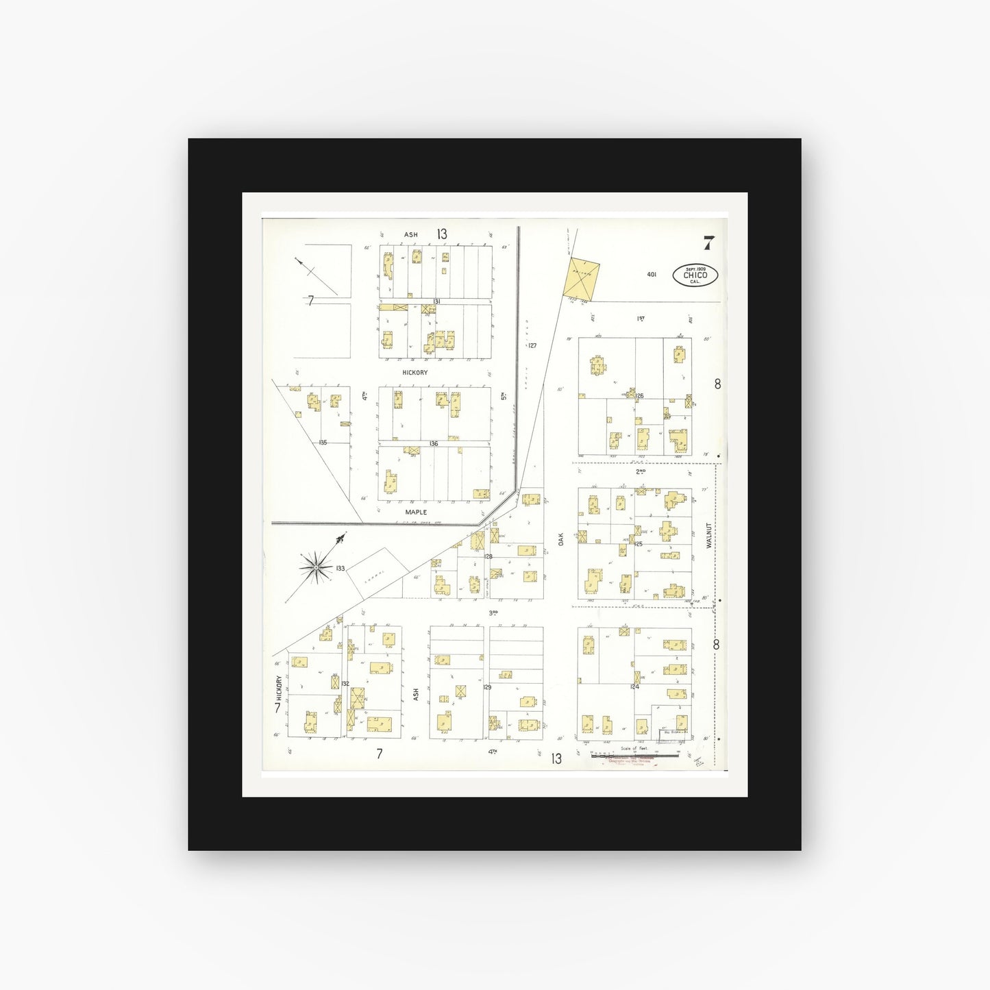 Old map wall art mockup — black gallery frame with white mat — Sanborn Fire Insurance Map from Chico, Butte County, California (1909), Sheet #0007