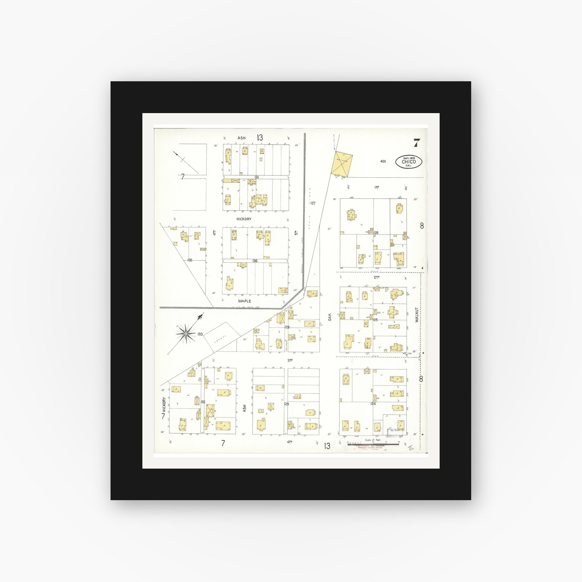 Old map wall art mockup — black gallery frame with white mat — Sanborn Fire Insurance Map from Chico, Butte County, California (1909), Sheet #0007