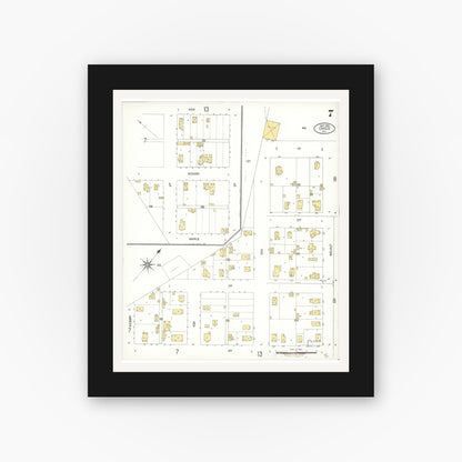 Old map wall art mockup — black gallery frame with white mat — Sanborn Fire Insurance Map from Chico, Butte County, California (1909), Sheet #0007