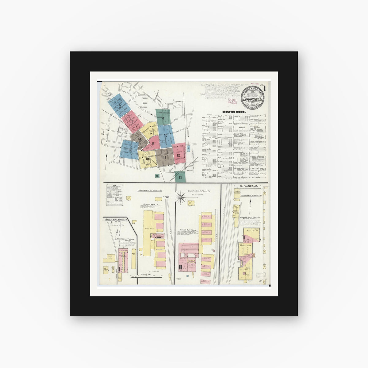 Old map wall art mockup — black gallery frame with white mat — Sanborn Fire Insurance Map from Edwardsville, Madison County, Illinois (1909), Sheet #0001