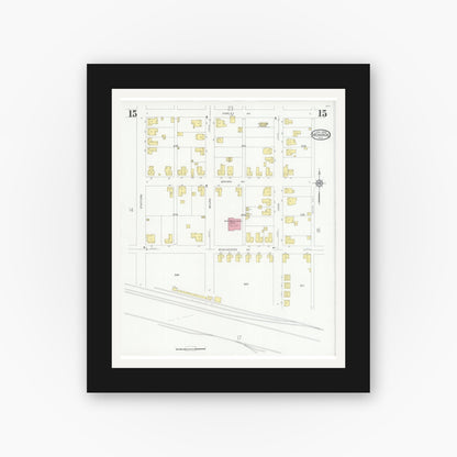 Old map wall art mockup — black gallery frame with white mat — Sanborn Fire Insurance Map from Monroe, Union County, North Carolina (1930), Sheet #0015