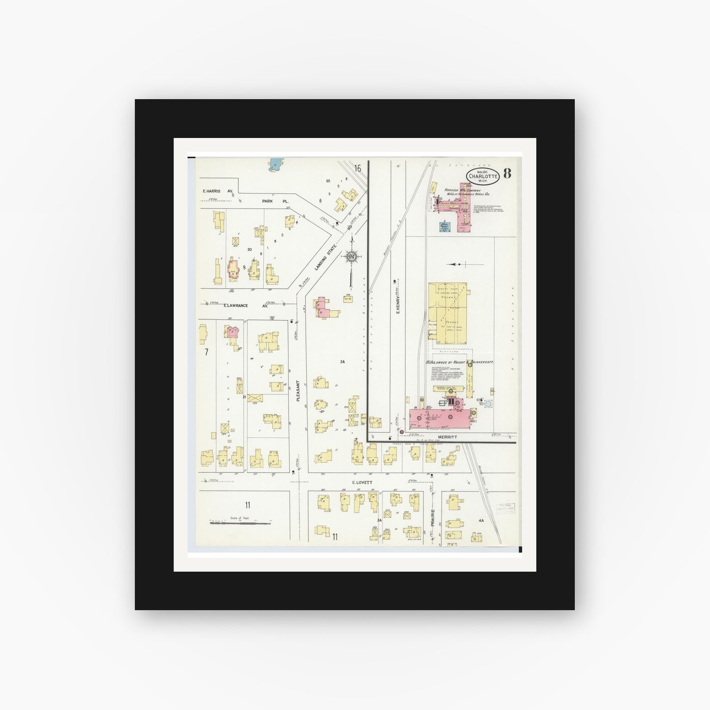 Old map wall art mockup — black gallery frame with white mat — Sanborn Fire Insurance Map from Charlotte, Eaton County, Michigan (1911), Sheet #0008