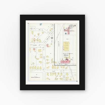 Old map wall art mockup — black gallery frame with white mat — Sanborn Fire Insurance Map from Charlotte, Eaton County, Michigan (1911), Sheet #0008