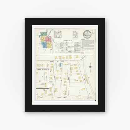 Old map wall art mockup — black gallery frame with white mat — Sanborn Fire Insurance Map from Fredericktown, Knox County, Ohio (1915), Sheet #0001