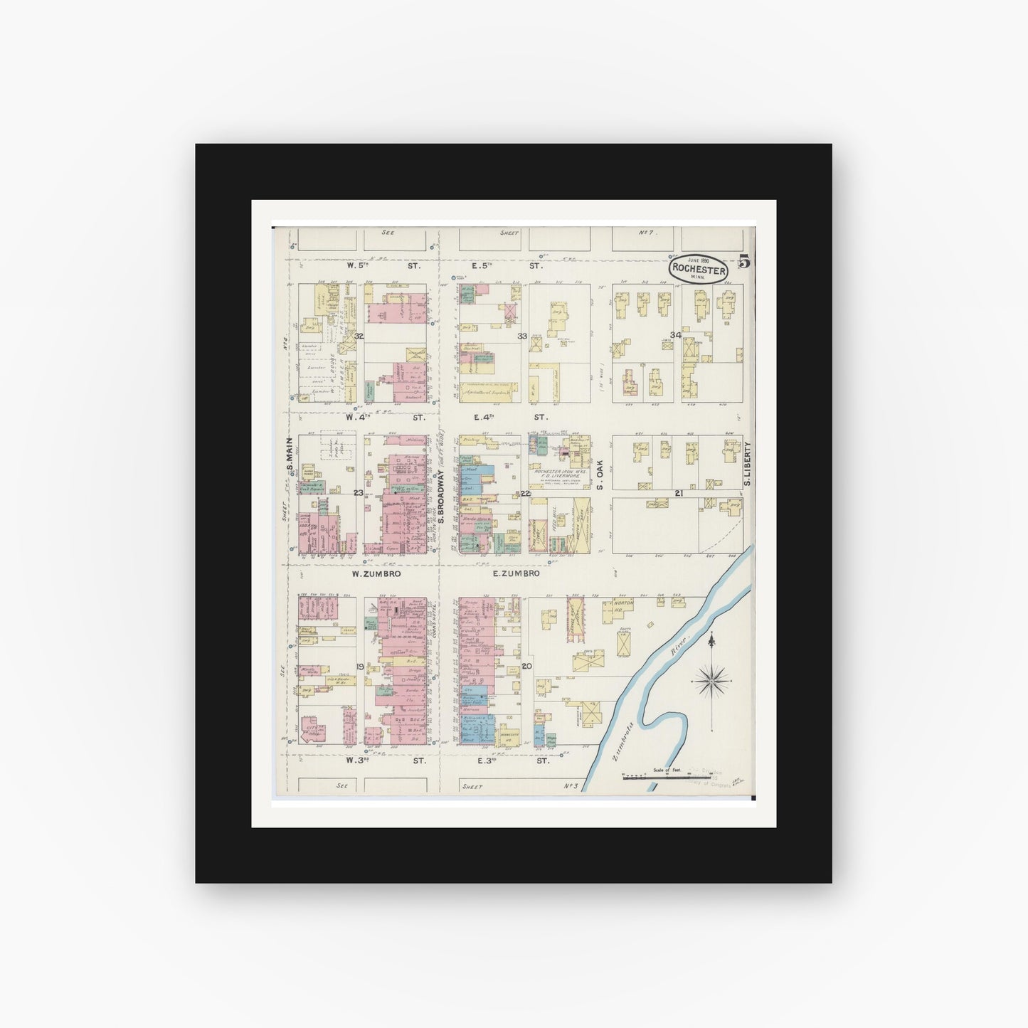 Old map wall art mockup — black gallery frame with white mat — Sanborn Fire Insurance Map from Rochester, Olmsted County, Minnesota (1890), Sheet #0005