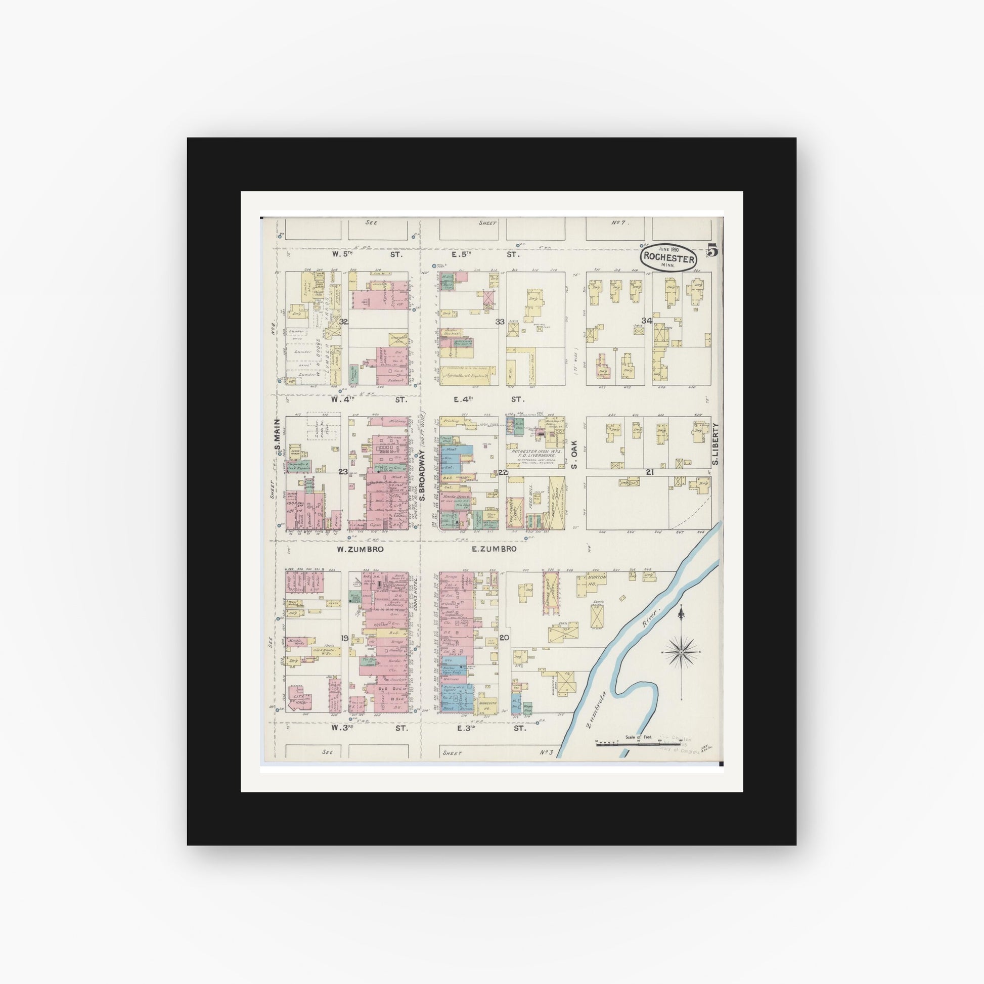 Old map wall art mockup — black gallery frame with white mat — Sanborn Fire Insurance Map from Rochester, Olmsted County, Minnesota (1890), Sheet #0005