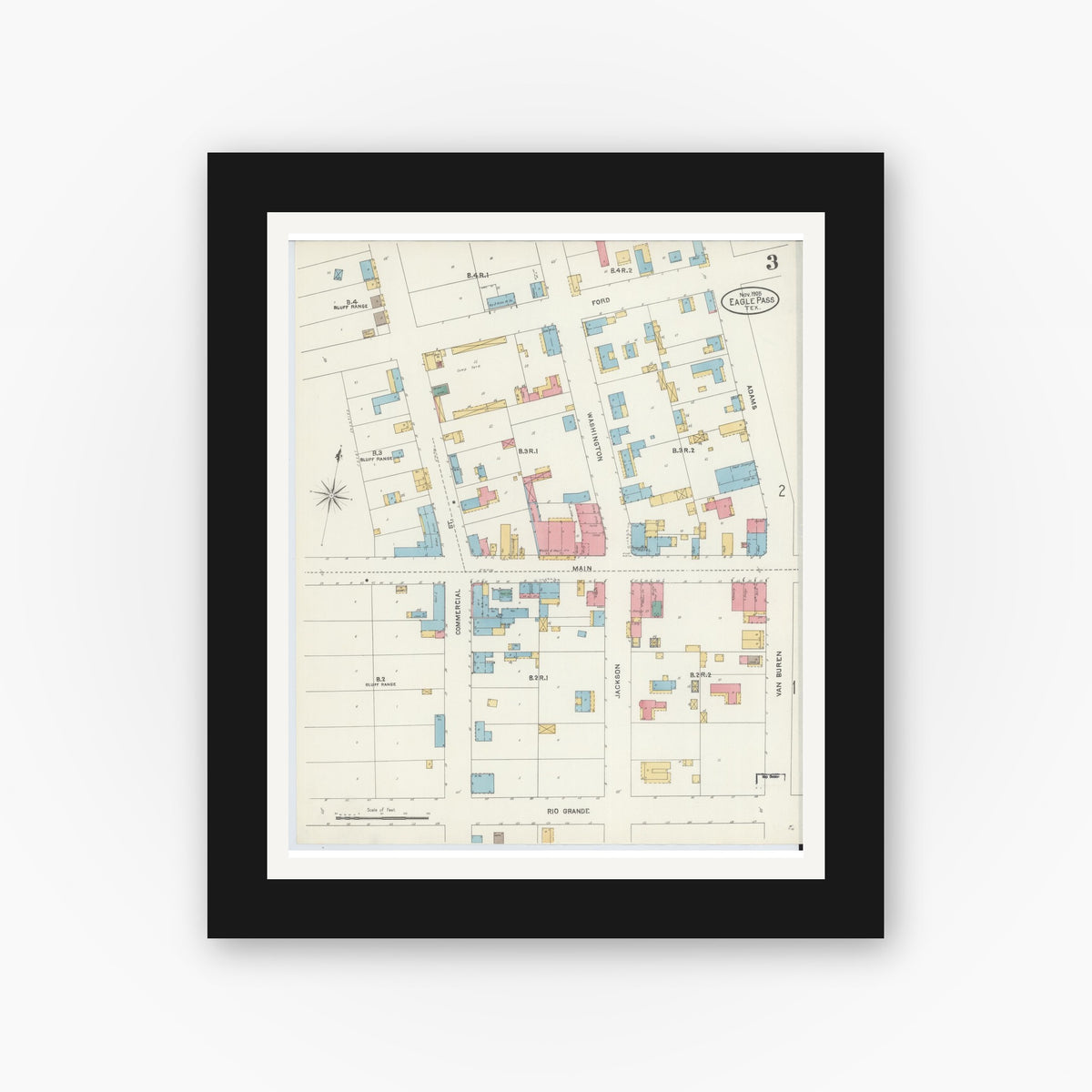 Old map wall art mockup — black gallery frame with white mat — Sanborn Fire Insurance Map from Eagle Pass, Maverick County, Texas (1905), Sheet #0003