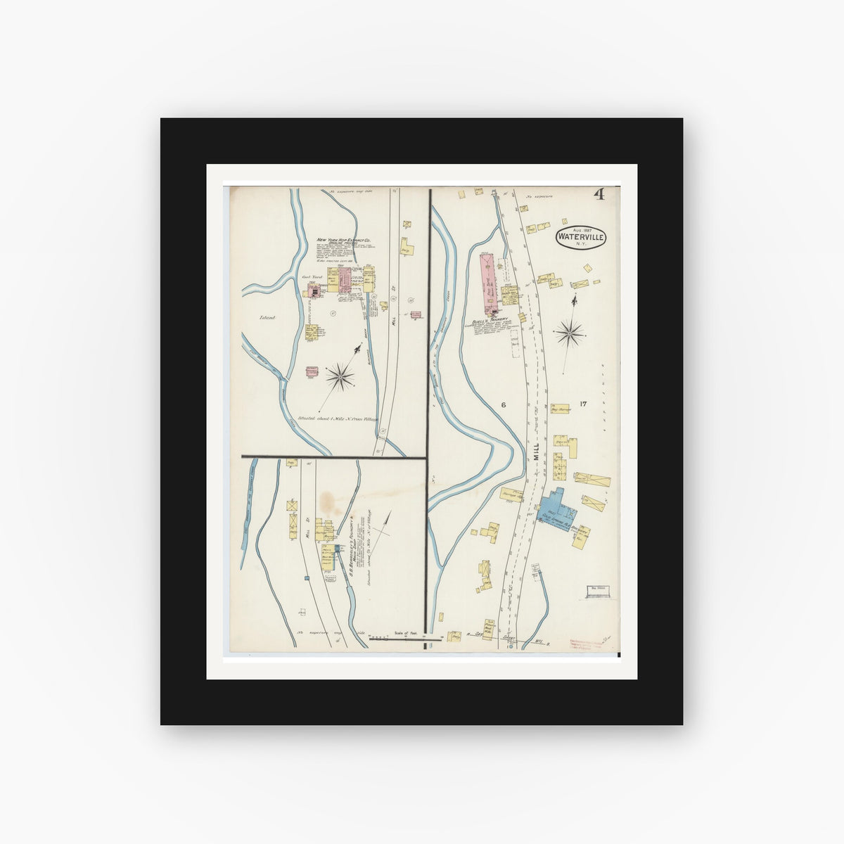 Old map wall art mockup — black gallery frame with white mat — Sanborn Fire Insurance Map from Waterville, Oneida County, New York (1887), Sheet #0004