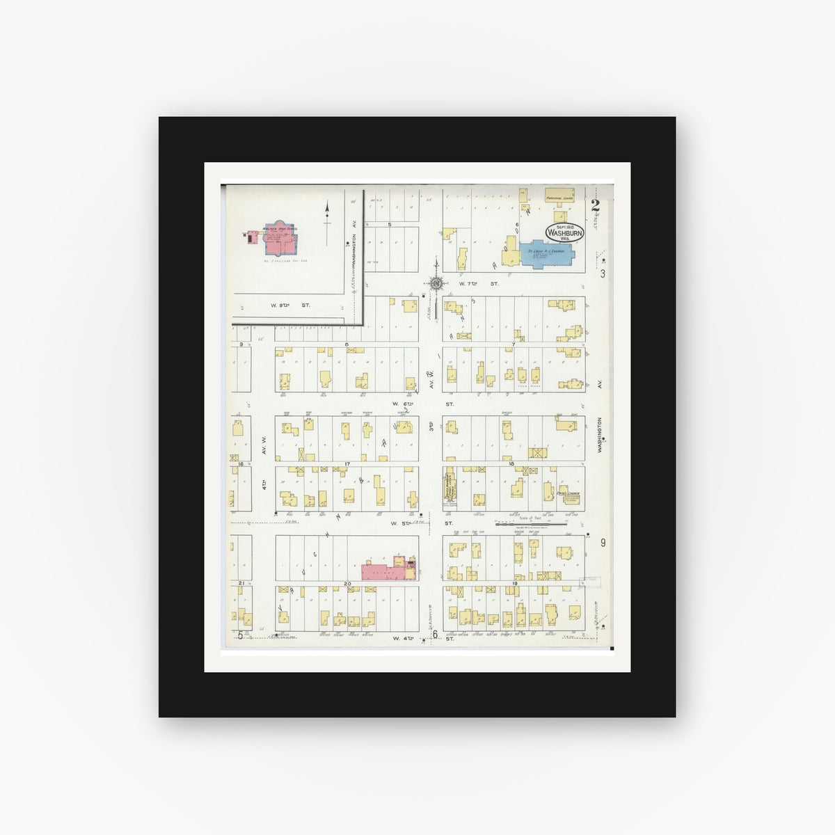 Old map wall art mockup — black gallery frame with white mat — Sanborn Fire Insurance Map from Washburn, Bayfield County, Wisconsin (1918), Sheet #0002