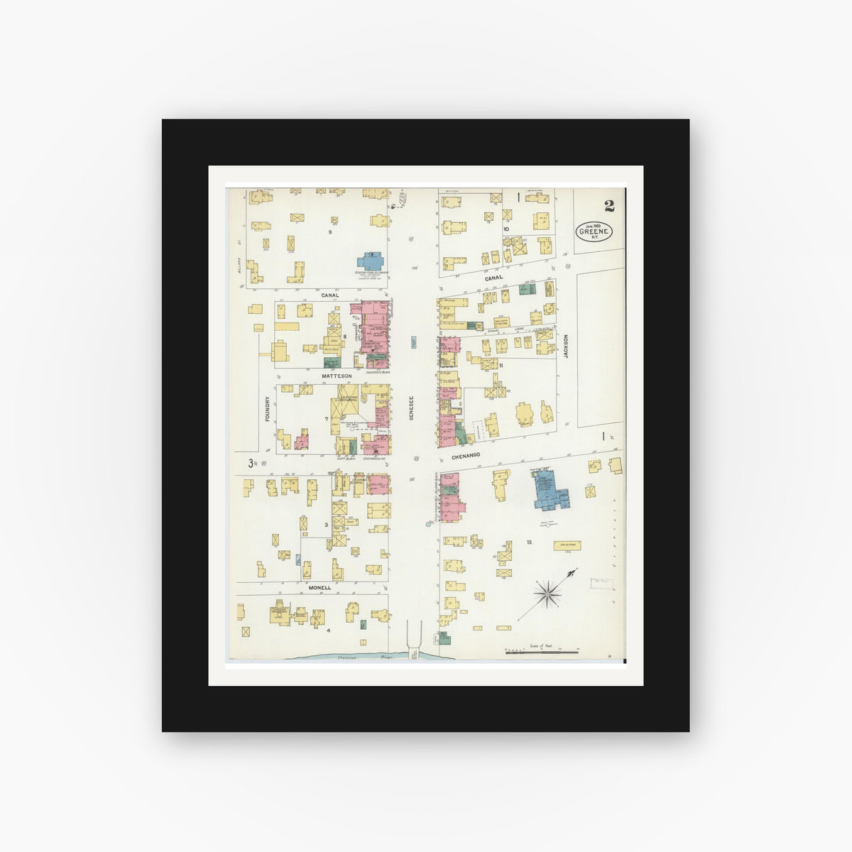 Old map wall art mockup — black gallery frame with white mat — Sanborn Fire Insurance Map from Greene, Chenango County, New York (1903), Sheet #0002