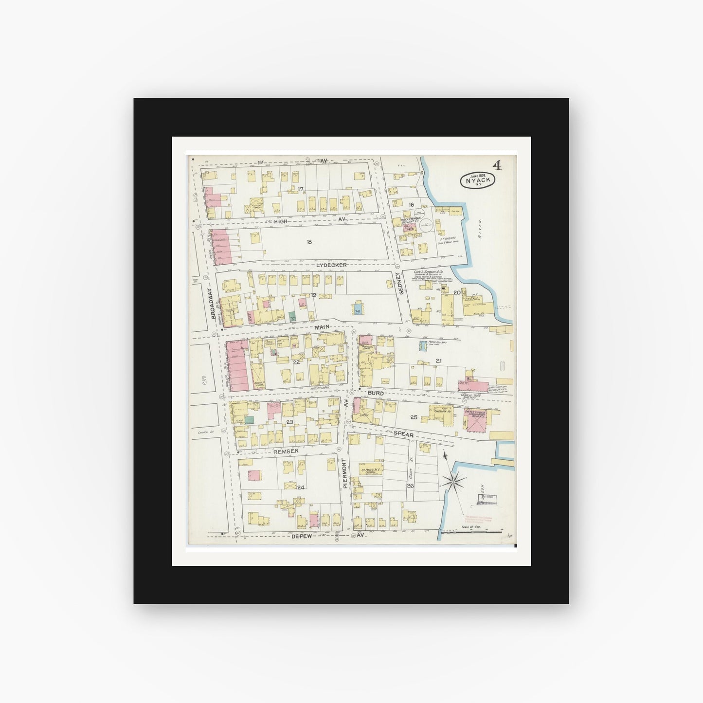 Old map wall art mockup — black gallery frame with white mat — Sanborn Fire Insurance Map from Nyack, Rockland County, New York. (1892), Sheet #0004