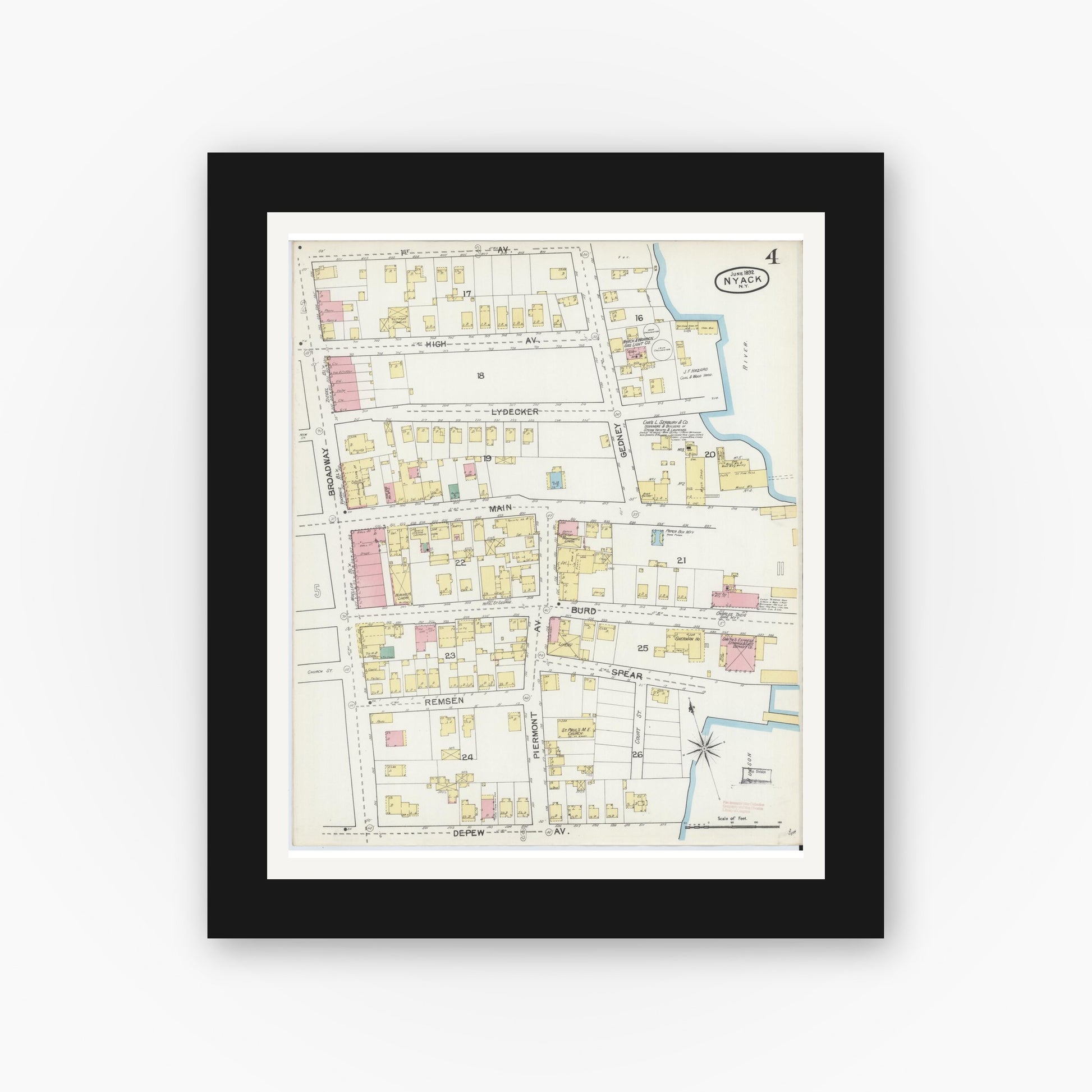 Old map wall art mockup — black gallery frame with white mat — Sanborn Fire Insurance Map from Nyack, Rockland County, New York. (1892), Sheet #0004