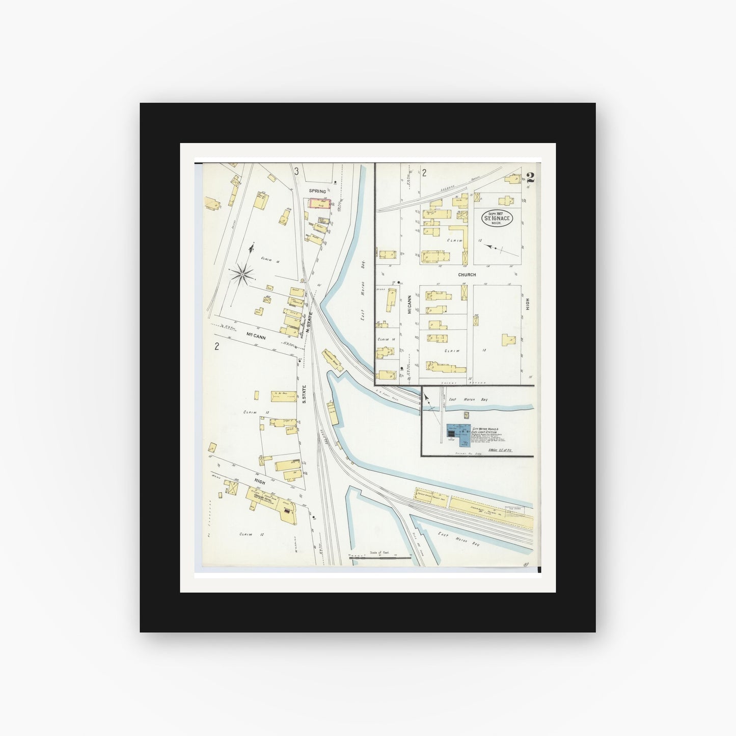 Old map wall art mockup — black gallery frame with white mat — Sanborn Fire Insurance Map from Saint Ignace, Mackinac County, Michigan (1907), Sheet #0002
