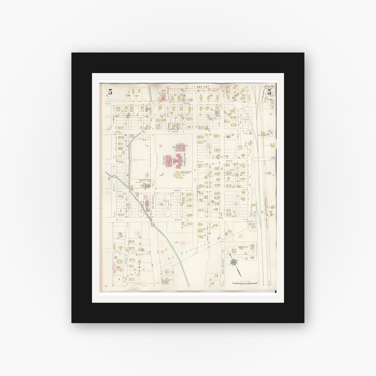 Old map wall art mockup — black gallery frame with white mat — Sanborn Fire Insurance Map from Silsbee, Hardin County, Texas (1942), Sheet #0005