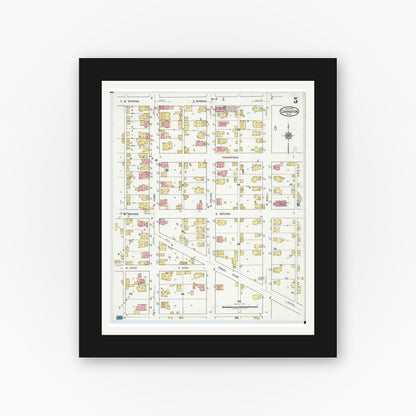 Old map wall art mockup — black gallery frame with white mat — Sanborn Fire Insurance Map from Covington, Miami County, Ohio (1920), Sheet #0005