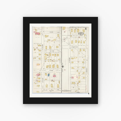 Old map wall art mockup — black gallery frame with white mat — Sanborn Fire Insurance Map from Rockville, Parke County, Indiana (1932), Sheet #0006