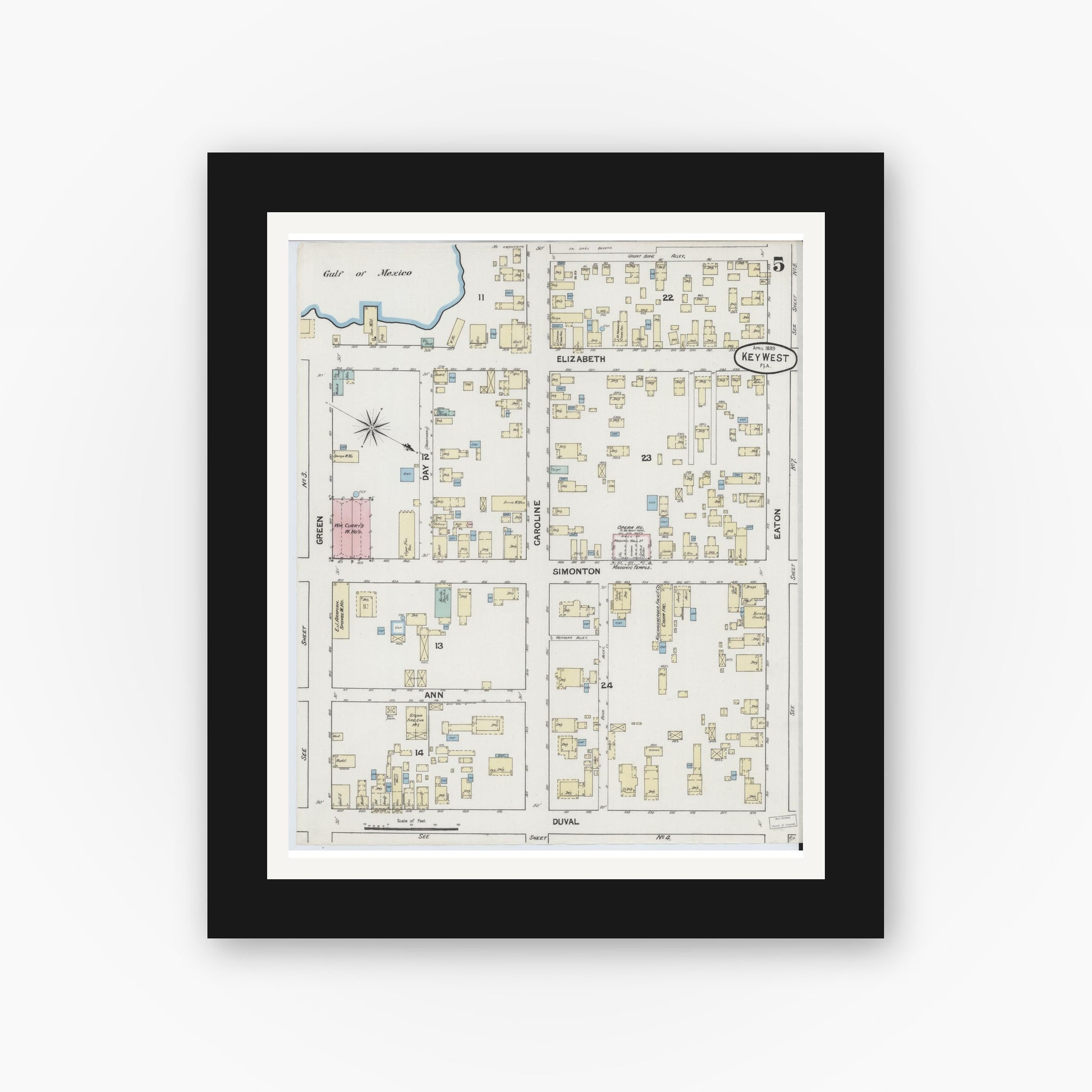 Old map wall art mockup — black gallery frame with white mat — Sanborn Fire Insurance Map from Key West, Monroe County, Florida (1889), Sheet #0005