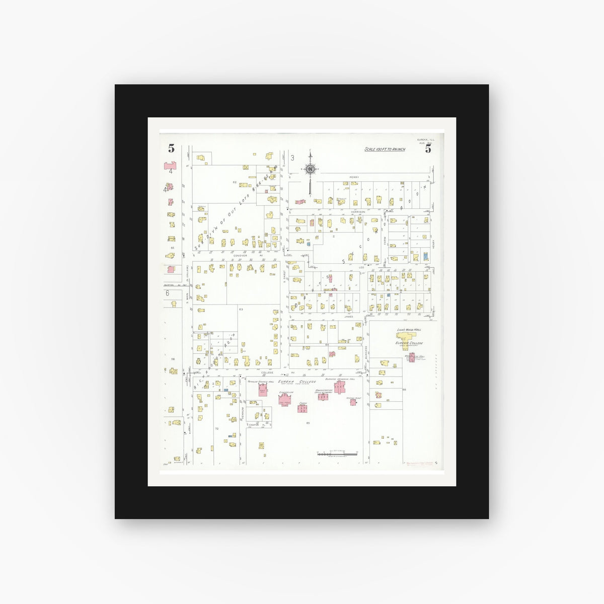 Old map wall art mockup — black gallery frame with white mat — Sanborn Fire Insurance Map from Eureka, Woodford County, Illinois (1941), Sheet #0005