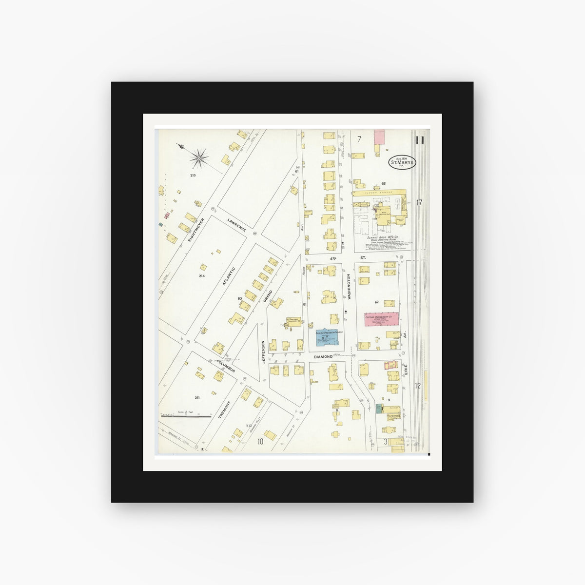 Old map wall art mockup — black gallery frame with white mat — Sanborn Fire Insurance Map from Saint Marys, Elk County, Pennsylvania (1909), Sheet #0011