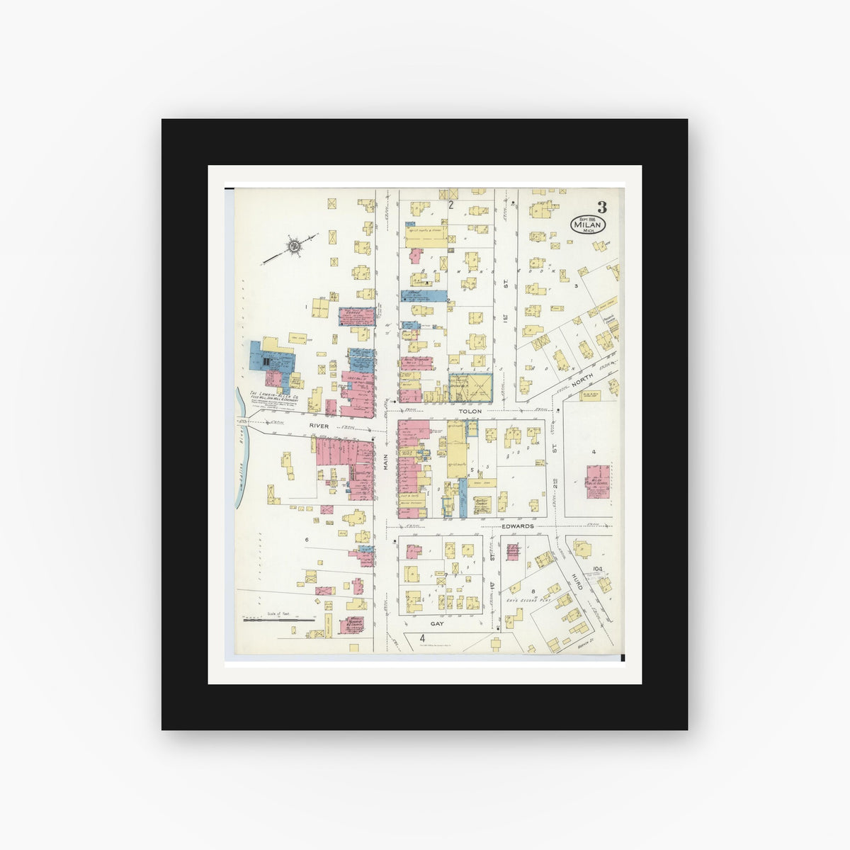 Old map wall art mockup — black gallery frame with white mat — Sanborn Fire Insurance Map from Milan, Washtenaw And Monroe Counties, Michigan (1916), Sheet #0003
