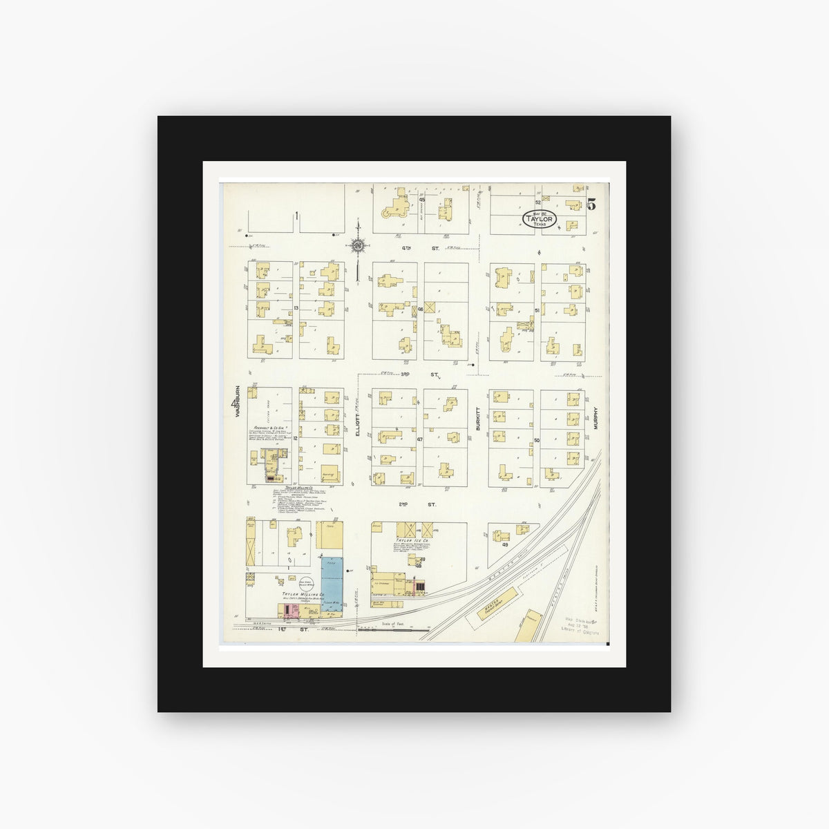 Old map wall art mockup — black gallery frame with white mat — Sanborn Fire Insurance Map from Taylor, Williamson County, Texas (1912), Sheet #0005