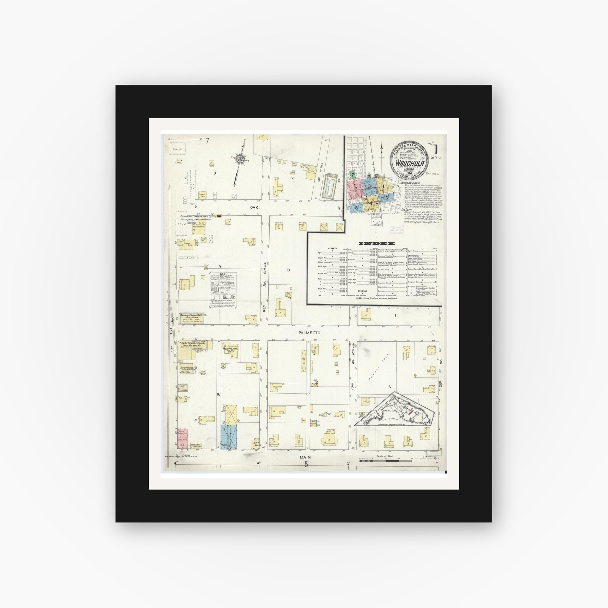 Old map wall art mockup — black gallery frame with white mat — Sanborn Fire Insurance Map from Wauchula, Hardee County, Florida (1914), Sheet #0001