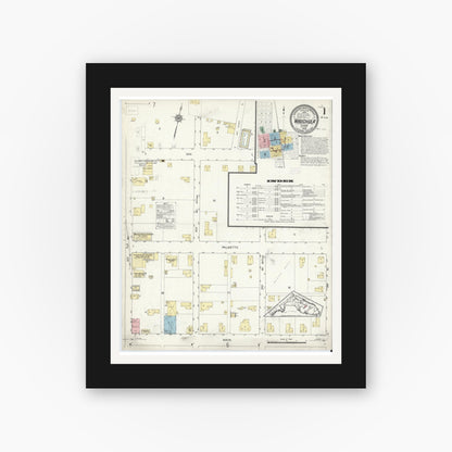 Old map wall art mockup — black gallery frame with white mat — Sanborn Fire Insurance Map from Wauchula, Hardee County, Florida (1914), Sheet #0001