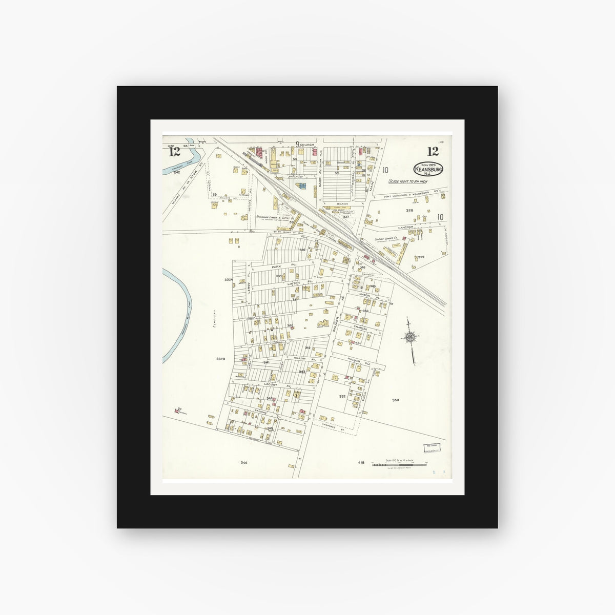 Old map wall art mockup — black gallery frame with white mat — Sanborn Fire Insurance Map from Keansburg, Monmouth County, New Jersey (1923), Sheet #0012