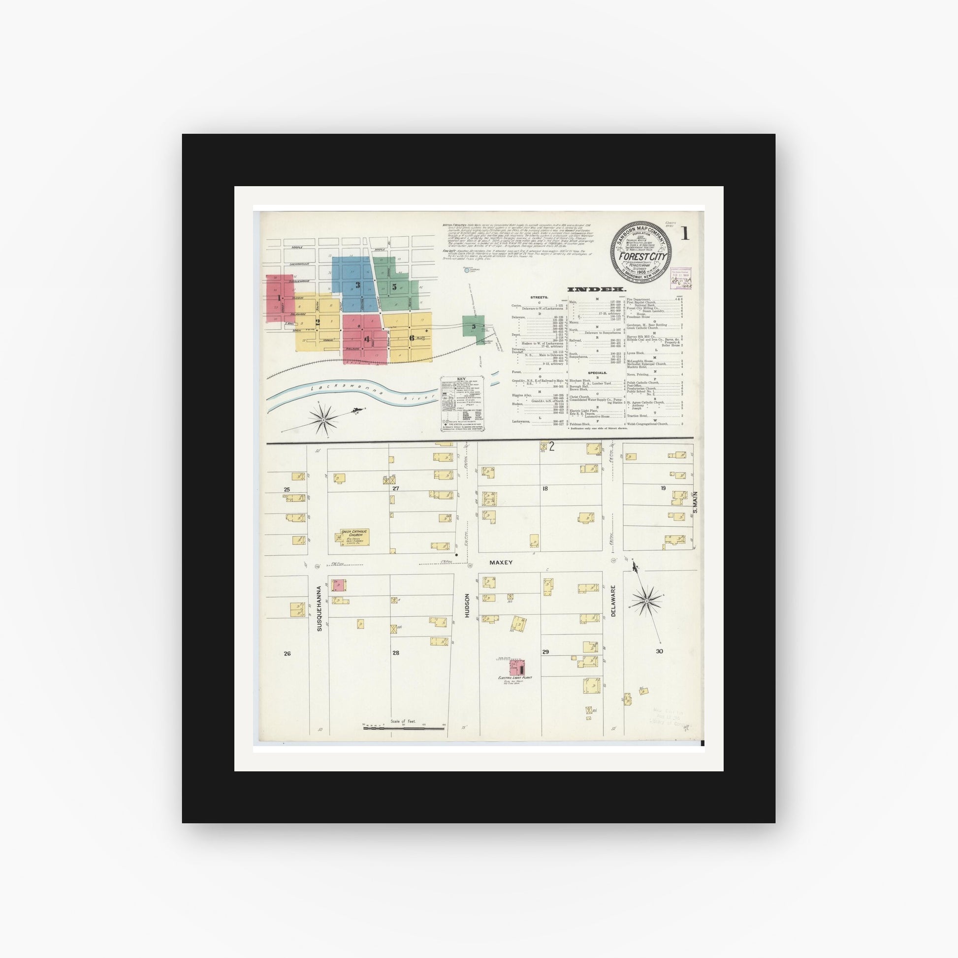 Old map wall art mockup — black gallery frame with white mat — Sanborn Fire Insurance Map from Forest City, Susquehanna County, Pennsylvania (1908) - Complete Map Set