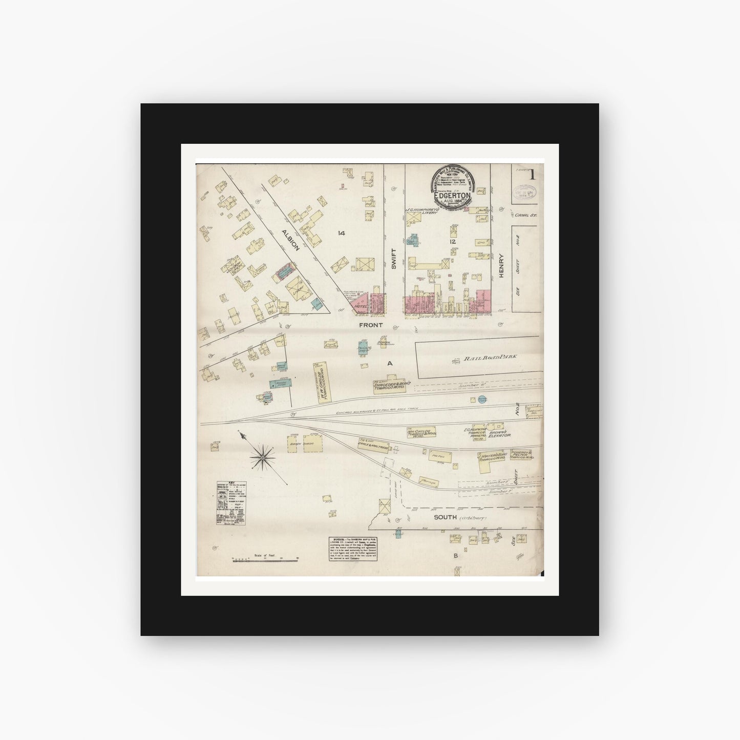 Old map wall art mockup — black gallery frame with white mat — Sanborn Fire Insurance Map from Edgerton, Rock County, Wisconsin (1884) - Complete Map Set