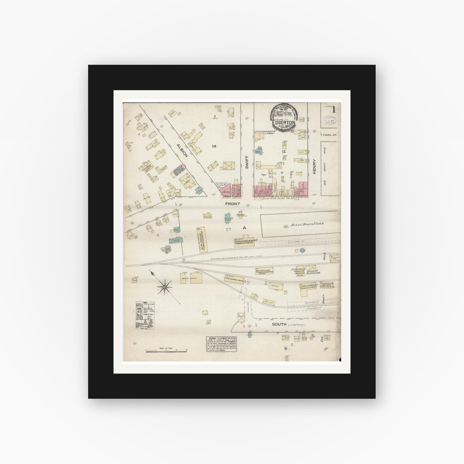 Old map wall art mockup — black gallery frame with white mat — Sanborn Fire Insurance Map from Edgerton, Rock County, Wisconsin (1884) - Complete Map Set