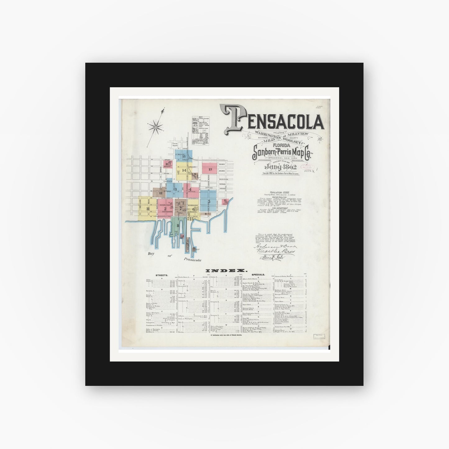 Old map wall art mockup — black gallery frame with white mat — Sanborn Fire Insurance Map from Pensacola, Escambia County, Florida (1892), Sheet #0001