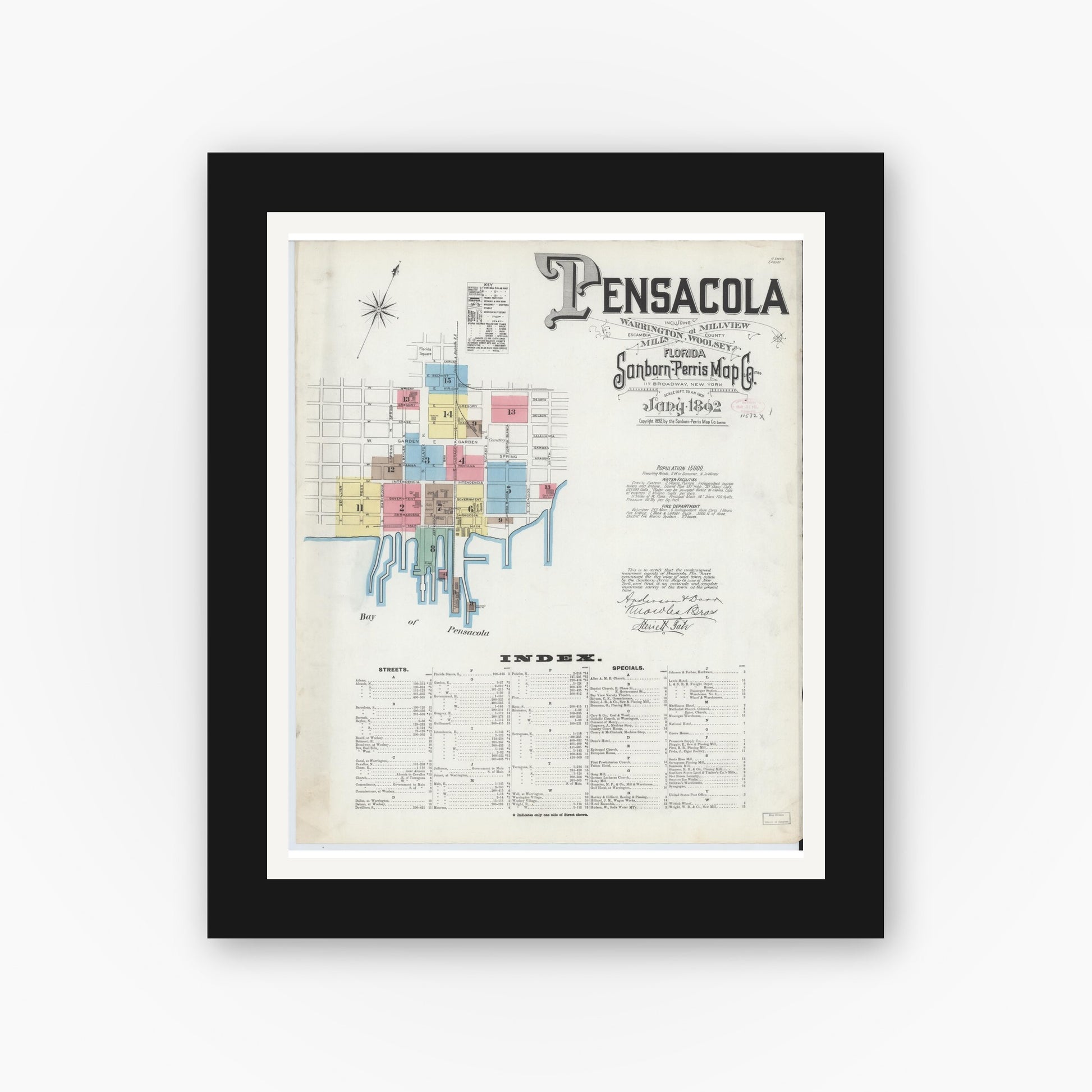 Old map wall art mockup — black gallery frame with white mat — Sanborn Fire Insurance Map from Pensacola, Escambia County, Florida (1892), Sheet #0001