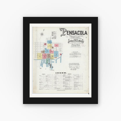 Old map wall art mockup — black gallery frame with white mat — Sanborn Fire Insurance Map from Pensacola, Escambia County, Florida (1892), Sheet #0001