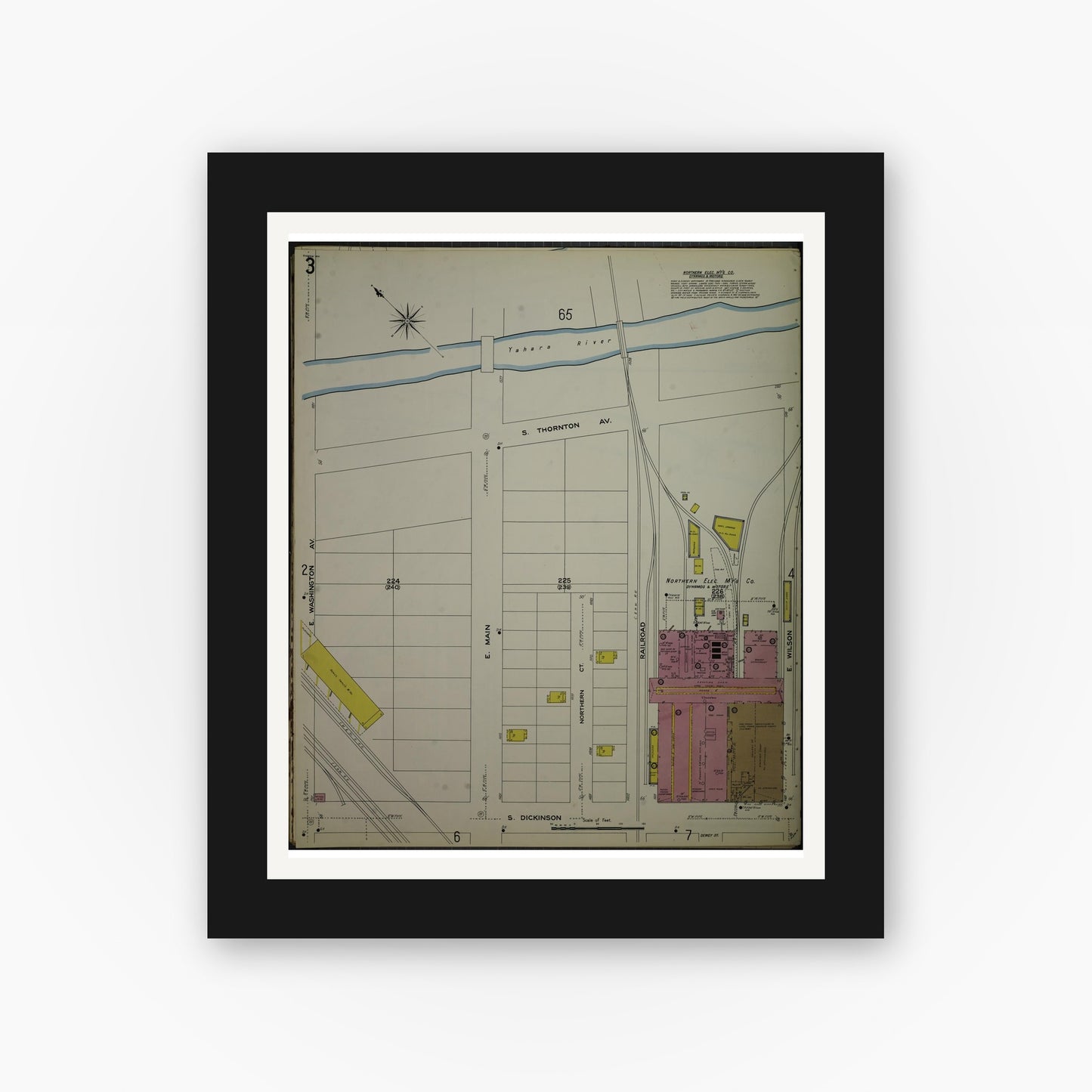 Old map wall art mockup — black gallery frame with white mat — Sanborn Fire Insurance Map from Madison, Dane County, Wisconsin (1908), Sheet #0003