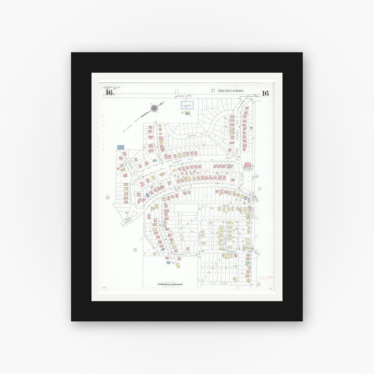 Old map wall art mockup — black gallery frame with white mat — Sanborn Fire Insurance Map from Jefferson City, Cole County, Missouri (1939), Sheet #0016