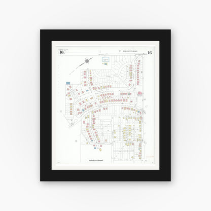 Old map wall art mockup — black gallery frame with white mat — Sanborn Fire Insurance Map from Jefferson City, Cole County, Missouri (1939), Sheet #0016