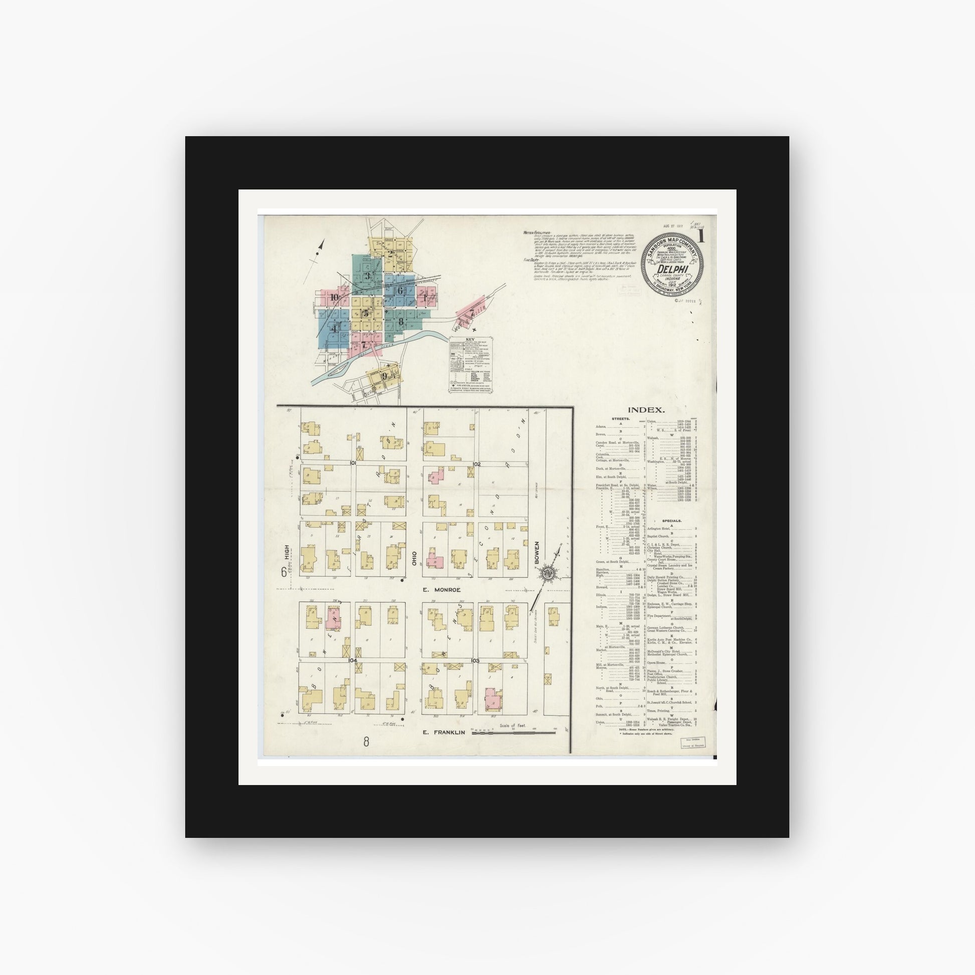 Old map wall art mockup — black gallery frame with white mat — Sanborn Fire Insurance Map from Delphi, Carroll County, Indiana (1912), Sheet #0001