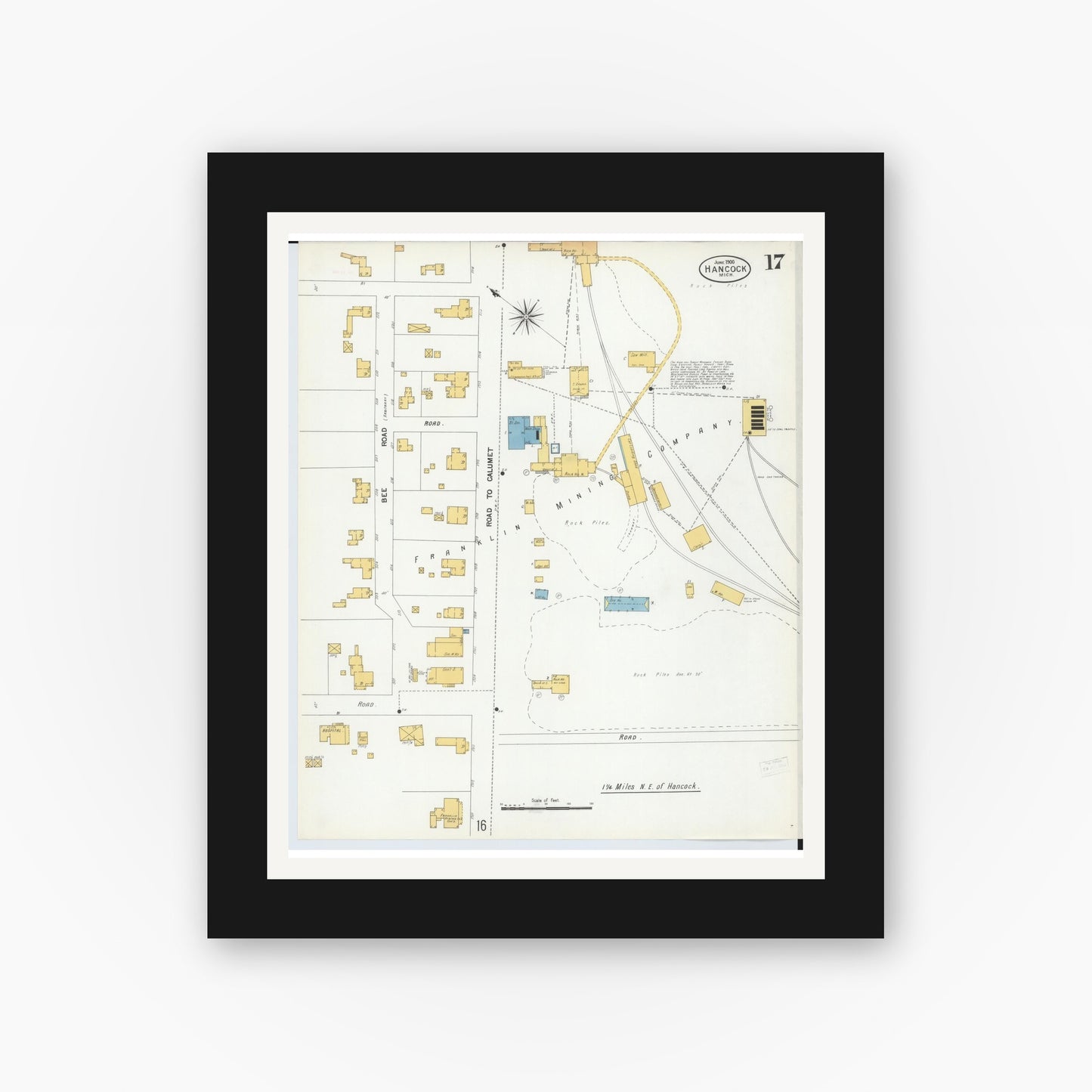 Old map wall art mockup — black gallery frame with white mat — Sanborn Fire Insurance Map from Houghton, Houghton County, Michigan (1900), Sheet #0017