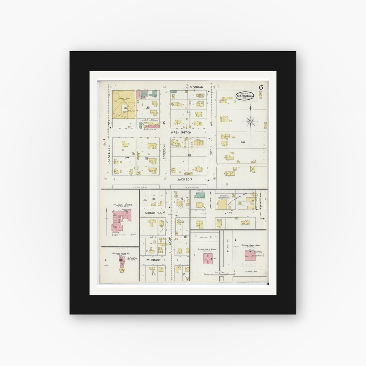 Old map wall art mockup — black gallery frame with white mat — Sanborn Fire Insurance Map from Marshall, Saline County, Missouri (1894), Sheet #0006