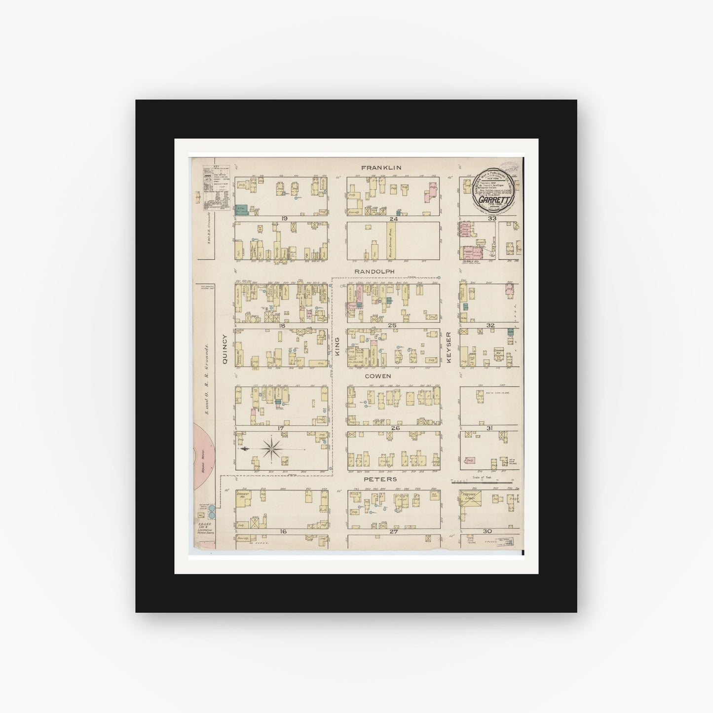 Old map wall art mockup — black gallery frame with white mat — Sanborn Fire Insurance Map from Garrett, De Kalb County, Indiana (1886), Sheet #0001