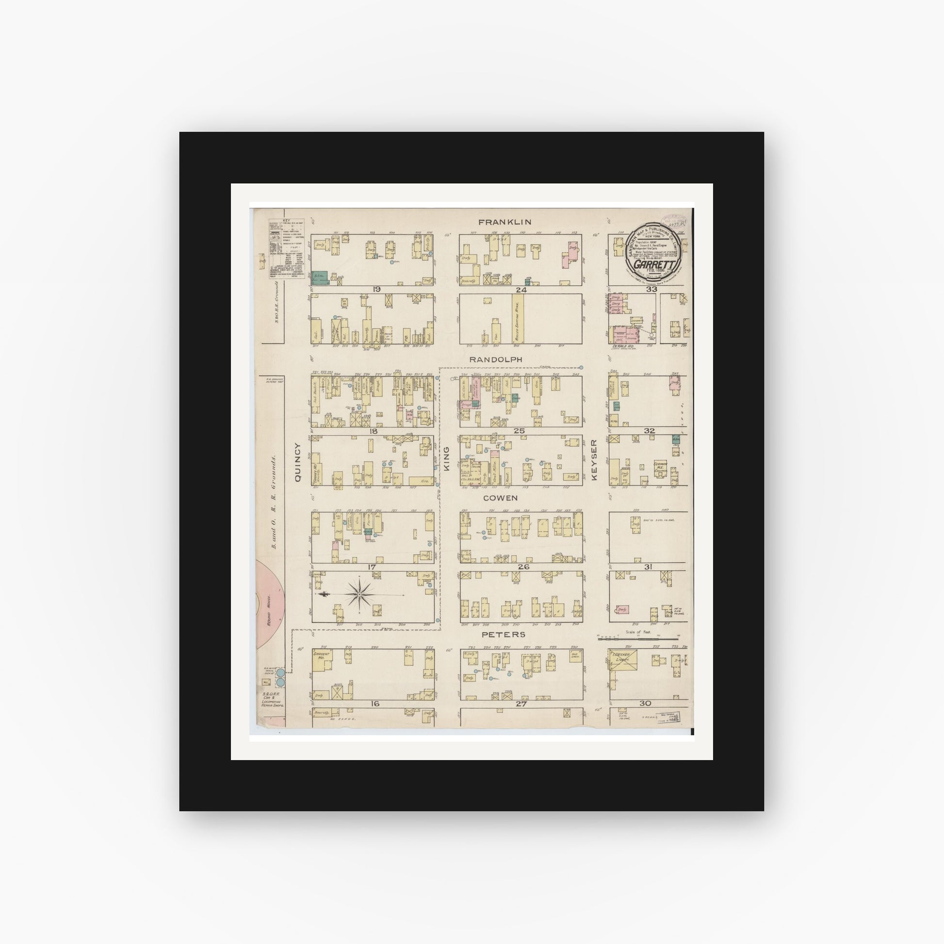 Old map wall art mockup — black gallery frame with white mat — Sanborn Fire Insurance Map from Garrett, De Kalb County, Indiana (1886), Sheet #0001