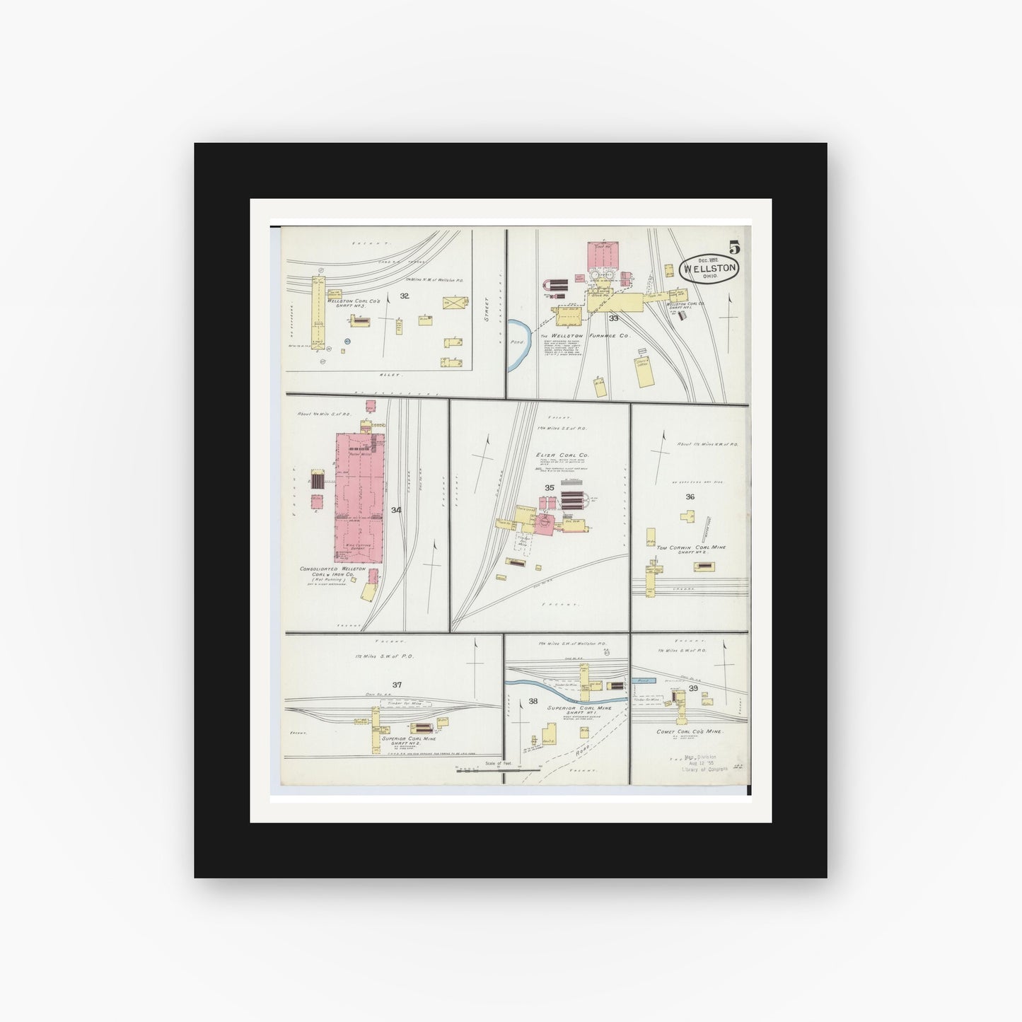 Old map wall art mockup — black gallery frame with white mat — Sanborn Fire Insurance Map from Wellston, Jackson County, Ohio (1892), Sheet #0005
