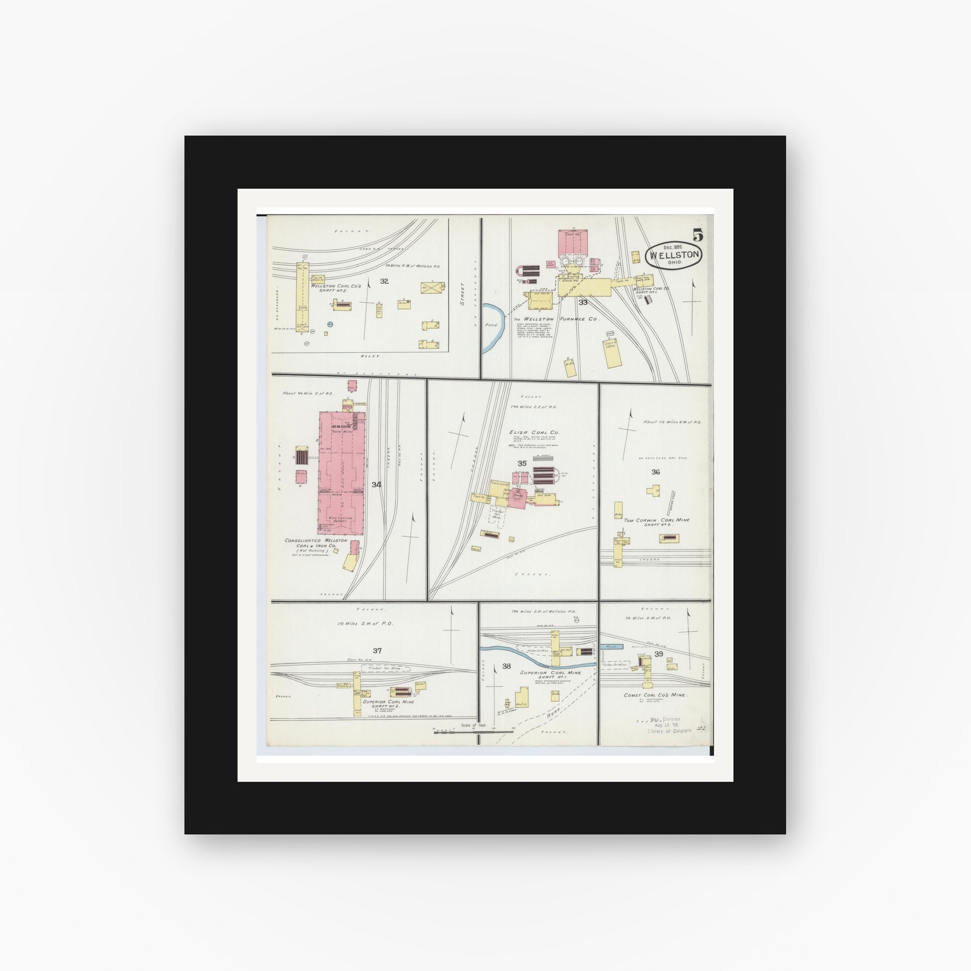 Old map wall art mockup — black gallery frame with white mat — Sanborn Fire Insurance Map from Wellston, Jackson County, Ohio (1892), Sheet #0005