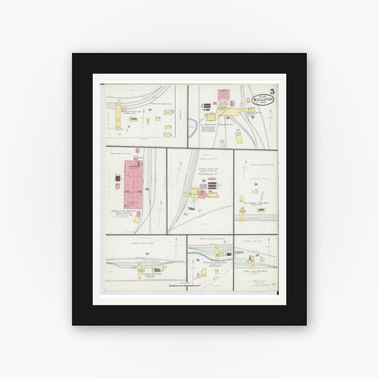 Old map wall art mockup — black gallery frame with white mat — Sanborn Fire Insurance Map from Wellston, Jackson County, Ohio (1892), Sheet #0005